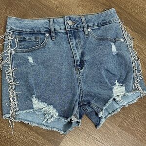 Fashion Nova Blue Distressed Jean Shorts with Chain Detail